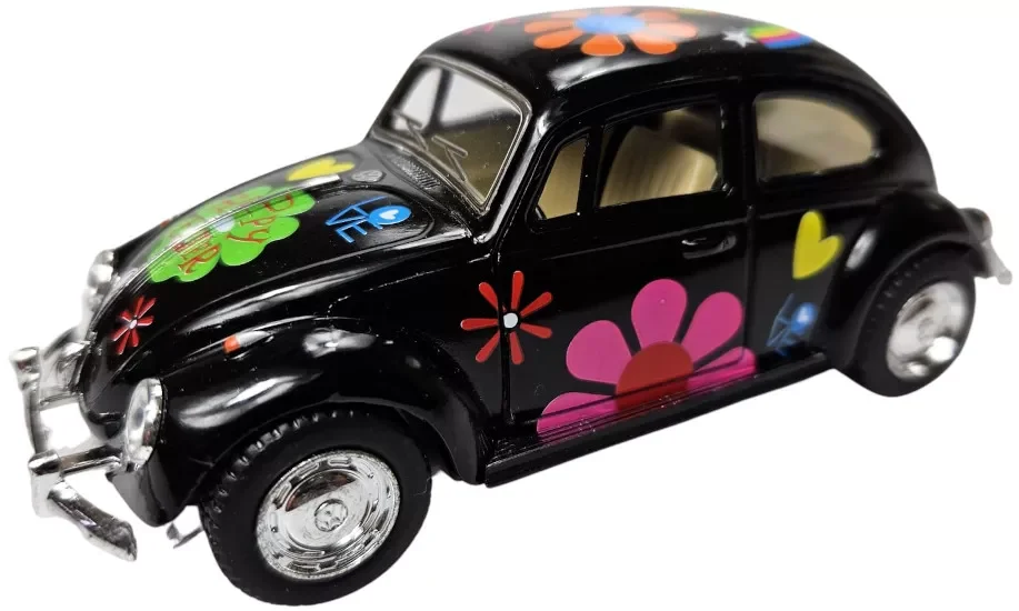 Nowy ZABAWKA "AUTO VW GARBUS CLASSIC 1967 1:32 W KWIATKI CZARNY